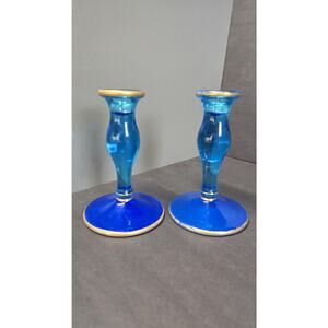 Vintage Fostoria Blue Glass Candlestick Holders Pair Gold Trim USA Table Decor